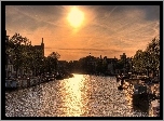 Amsterdam, Zachód, Słońca, Kanał, Kamienice