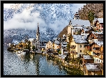Austria, Hallstatt, Domy, Góry, Jezioro, Zima