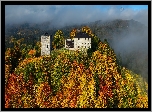 Góry, Zamek Thierberg, Las, Drzewa, Jesień, Mgła, Austria