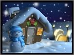 Bałwanek, Domek, Śnieg, Zima, Grafika 2D