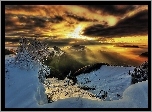 Szwajcaria, Góry Jura, Lasy, Zima, Zachód słońca, Drzewa, Chmury