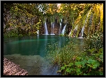 Wodospad, Jezioro, Park Narodowy Jezior Plitwickich, Drzewa, Rośliny, Chorwacja