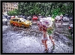 Deszcz, Miasto, Ludzie, Parasole, Samochody