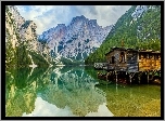 Włochy, Dolomity, Jezioro Pragser Wildsee, Drewniana, Chata, Góry