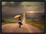 Droga, Kobieta, Parasol, Walizka