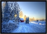 Zima, Droga, Dom, Wschód słońca, Pole, Drzewa