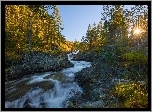 Norwegia, Dolina Hedalen, Wodospad Aurdalsfossa, Rzeka, Promienie słońca, Skały, Drzewa