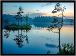 Wschód Słońca, Jezioro, Park Narodowy Tyresta, Szwecja, Wysepka, Drzewa