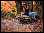Park, Drzewa, Liście, Jesień, Ławka, Kobieta, Książka