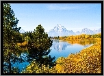 Stany Zjednoczone, Stan Wyoming, Park Narodowy Grand Teton, Rzeka Snake River, Góry, Szczyt Mount Moran, Drzewa