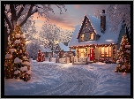 Zima, Śnieg, Droga, Domy, Światła, Ośnieżone, Drzewa, Wieczór, Choinki, Boże Narodzenie