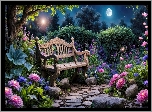 Ogród, Kwiaty, Ławka, Drzewo, Księżyc, Grafika