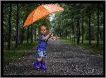Dziecko, Parasol, Drzewa, Droga, Deszcz