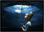 Dziewczynka, Obłoki, Deszcz, Parasol