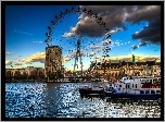 London Eye, Tamiza, Statki, Chmury, Londyn, Anglia
