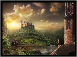 Fantasy, Zamek, Wzgórze, Rzeka, Most, Skały