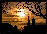 Zachód słońca, Gałęzie, Ptak, Drzewo, Wieże, Kościół, Kolegiata Stiftskirche, Stuttgart, Niemcy