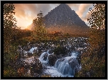 Zachód słońca, Jesień, Góra, Buachaille Etive Mor, Dolina, Glen Coe, Skały, Rzeka, Drzewa, Szkocja