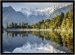 Góry Alpy Południowe, Jezioro Lake Matheson, Nowa Zelandia, Park Narodowy Góry Cooka, Las, Drzewa, Odbicie
