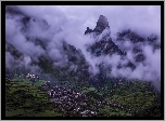 Góry, Chmury, Miasteczko, Tybet, Chiny