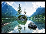 Jezioro Hintersee, Bawaria, Niemcy, Góry, Alpy, Wyspa