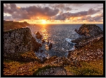 Zatoka Donegal, Hrabstwo Donegal, Irlandia, Wybrzeże, Morze, Skały, Zachód słońca, Chmury