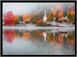 Jesień, Jezioro, Mgła, Las, Drzewa, Kościół