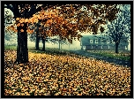 Jesień, Dom, Mgła, Drzewa