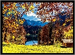 Jesień, Chata, Drzewa, Jezioro, Góry, Słoneczny blask