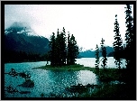 Jezioro, Wysepka, Góry, Drzewa, Alberta