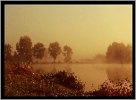 Jezioro, Świt, Mgła, Drzewa, Jesień