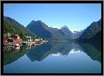 Jezioro, Góry, Domy, Odbicie, Norwegia