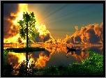 Jezioro, Chmury, Promienie, Słońca