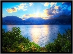 Jezioro, Wzgórza, Zachodzące, Słońce
