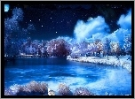 Jezioro, Drzewa, Zima, Noc