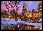 Nowy Jork, Central Park, Manhattan, Zima, Mostek, Domy