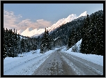 Kanada, Kolumbia Brytyjska, Przełęcz Pine Pass, Droga Highway 97, Góra Murray Range, Zima, Chmury, Las, Drzewa