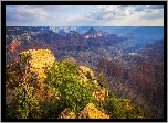 Skały, Góry, Kanion, Grand Canyon, Park Narodowy Wielkiego Kanionu, Drzewa, Chmury, Arizona, Stany Zjednoczone