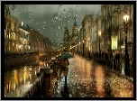 Kobieta, Parasol, Ulica, Budynki, Deszcz