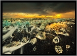 Islandia, Laguna Lodowcowa Jökulsárlón, Diamond Beach, Plaża, Bryły, Lód, Zachód słońca, Morze