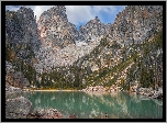 Góry, Jezioro, Delta Lake, Drzewa, Skały, Park Narodowy Grand Teton, Wyoming, Stany Zjednoczone