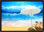 Plaża, Leżaki, Parasol, Morze, Promienie, Słońca, Lato, Wakacje