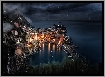 Liguria, Włochy, Morze, Łódki, Miasto nocą
