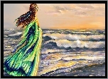 Malarstwo, Kobieta, Morze, Fale