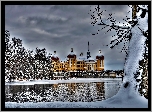 Niemcy, Saksonia, Miejscowość Moritzburg, Pałac Moritzburg, Jezioro, Śnieg, Zima, Drzewa
