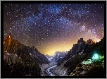 Francja, Chamonix-Mont-Blanc, Góry, Niebo, Gwiazdy, Noc, Namiot, Droga Mleczna