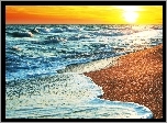 Morze, Plaża, Zachód Słońca