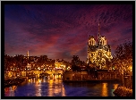 Francja, Paryż, Katedra Notre-Dame, Rzeka Sekwana, Światła, Most
