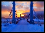 Most, Rzeka, Zima, Śnieg, Zachód Słońca