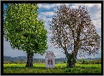 Kapliczka, Drzewa, Pole, Wiosna, Wieś Kiefenholz, Powiat Ratyzbona, Niemcy